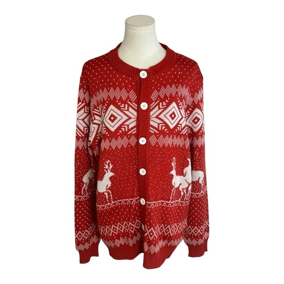 Tipsy Elves Other - TIPSY ELVES Red White Cardigan Sweater Naughty Reindeer Size L Christmas‎ Ugly